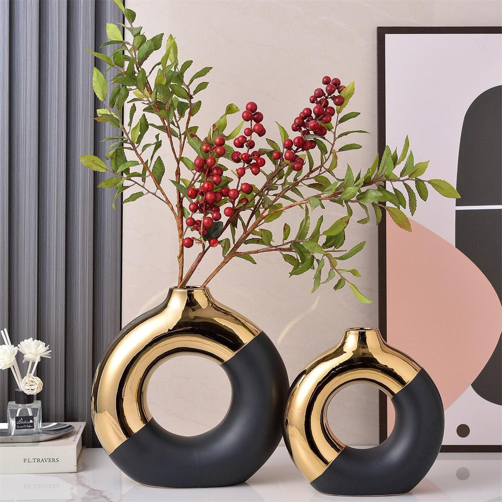 Maison Leonardo™ Noir & Gold Ceramic Vase – Handgefertigte Keramikvase in Luxury-Optik